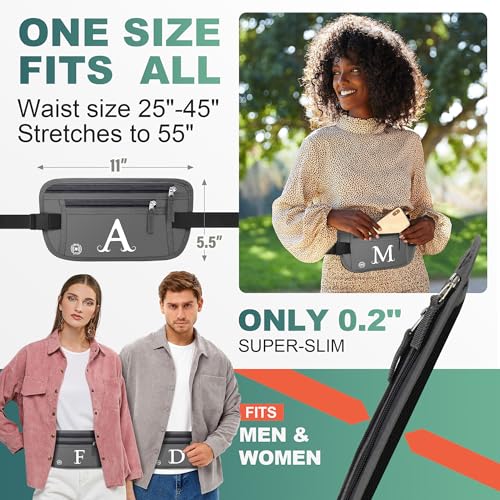 Image of Travel Money Belt, Personalized Initials Passport Holder with Anti Theft RFID Protection, Slim Travel Wallet for Women & Men, Travel Fanny Pack for Travel Essentials-Letter M, Army Green