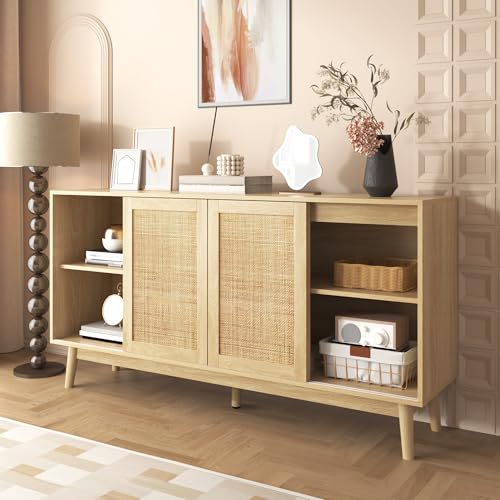 Kelodan Sideboard 155x38x80cm mit 3 Schiebetüren aus echtem Rattan, 2...