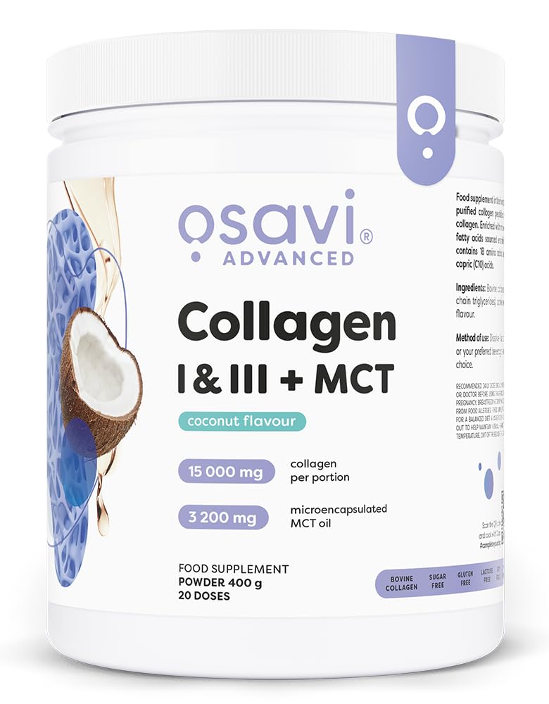 Osavi Collagène Type I & III + huile MCT de coco – 400 g poudre | Peptides de collagène hydrolysés | Acides gras C8 & C10 | 18 acides aminés | Sans sucre | Goût coco