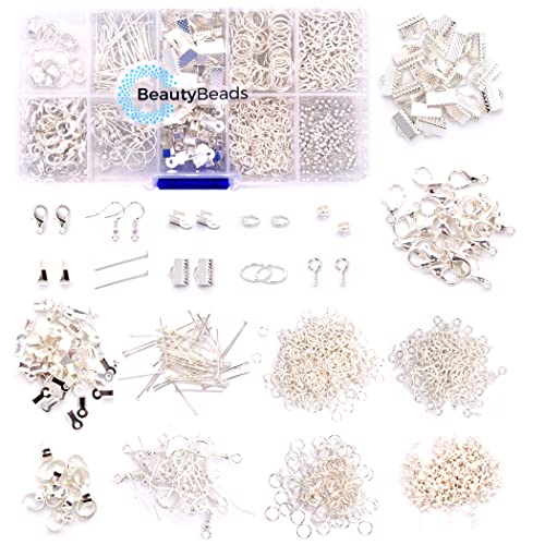 BeautyBeads Boîte de rangement + 500 pièces en argent - Fabrication de bijoux avec 10 sortes de pièces - Fermoirs, crochets, anneaux, colliers, boucles d'oreilles et bracelets de cheville - Argenté