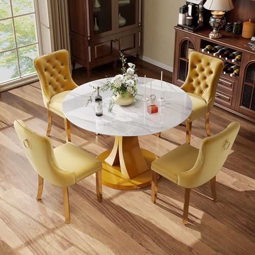 Image of 5-Piece Dining Table Set with 39In Faux Marble Table and 4 Velvet Upholstered Chairs, Modern Scandinavian Furniture for Dining Room Kitchen(Yellow&Gold)
