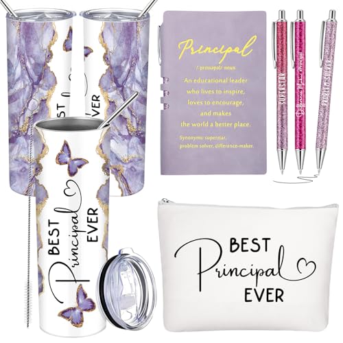 Domensi 6 Pcs End of The Year Gifts for Principal Thank You Gift 20oz Rustic Butterfly Marble Sign Tumbler Makeup Bag Journal for Assistant Principal School Office Birthday Retirement (White)