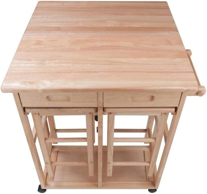 Folding Kitchen Trolley Drop Leaf Table with Two Stools, Compact Folding Dining Table with Chairs and Storage, Small Kitchen Cart with Seating