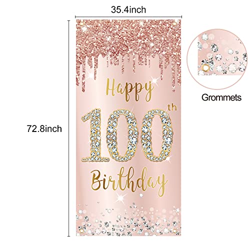 Image of Happy 100th Birthday Door Banner Decorations for Women - Pink Rose Gold Sign Cover Backdrop Party Supplies, Large 100 Years Old Poster Background Photo Booth Props