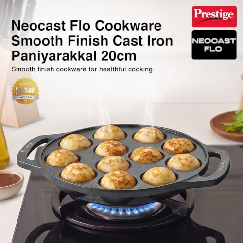 Image of Prestige Neocast Flo Smooth Finish Cast Iron Paniyarakkal /Appe Patra 12 Pits Black|Works On Gas & Induction|Retains Heat for Long|Heavy Gauge