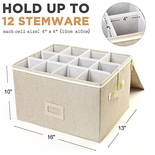 Lotfancy Stemware Storage Container, Hard Shell, Stackable Wine Glass Storage Box With Dividers & Handles, Crystal Glassware, Champagne Flute, Drinkware Case For Moving, Beige #TOP2