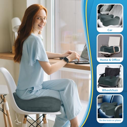 Image of BlissTrends Seat Cushion,Thick Memory Foam Cushions for Office Chair, Car Seat, Airplane, Relieving Pressure Tailbone Sciatica Back Pain for Office Workers, Car Drivers 4.7in Thick DarkGreen