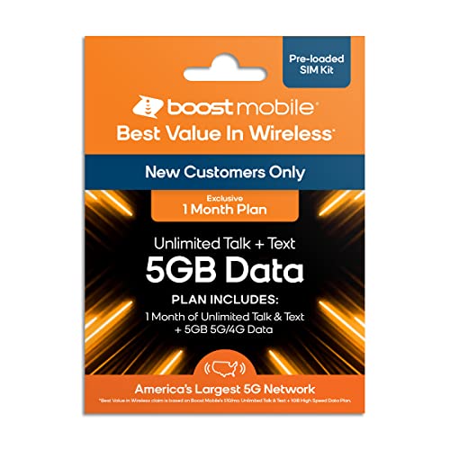 Boost Mobile Prepaid SIM Card | Unlimited Talk & Text | 1 Month 5 GB Data Plan for Unlocked Cell Phones | Mobile Hot Spot Included