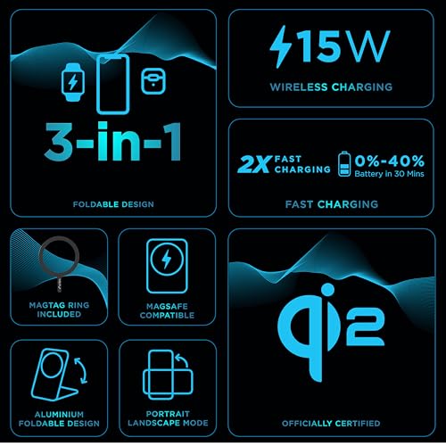 Image of URBN Qi2 Certified 3-in-1 MagSafe Wireless Charging Stand | Foldable Charger for Apple iWatch, AirPods, iPhone 16 /16 Pro /16 Plus /15 /15 Pro Max & Qi-Compatible Smartphones | Sleek Design
