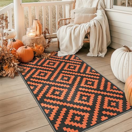 Image of GENIMO Fall Decor Outdoor Rug 3'x5' for Porch, Plastic Door Mat Orange Noir