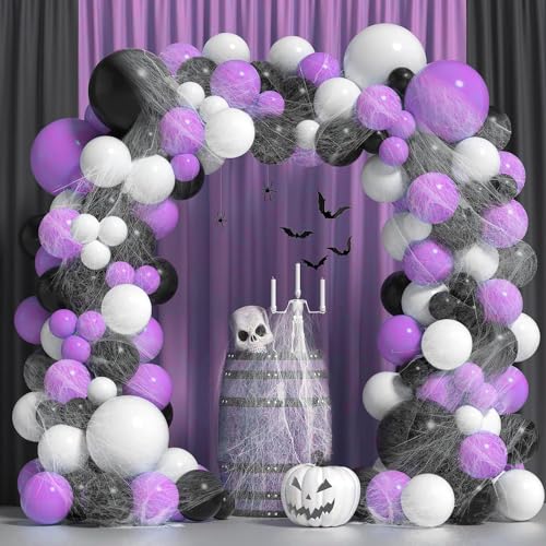 Image of Rozi Decoration Halloween Balloons Garland Kit Pack of 93 Pcs | Purple, White & Black Metallic Balloons with Spider Web Decorations, 5M Arch & Glue Dots for Halloween Party Decor at Home & Garden