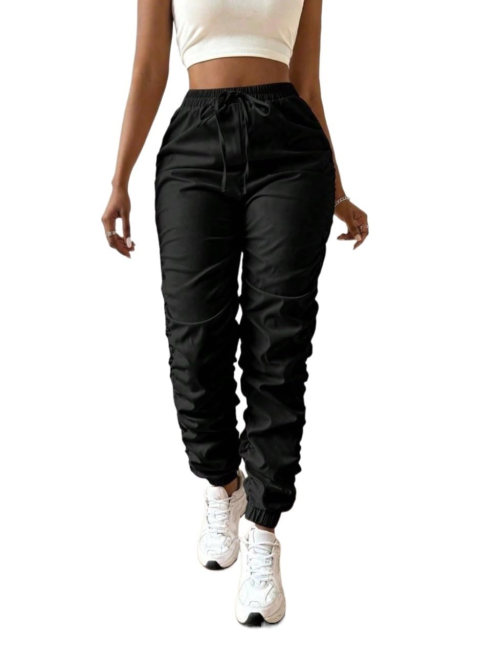 Womens Wide Leg Casual Pants Pencil Pants with Elastic Cuffs and Pleated Cuffs