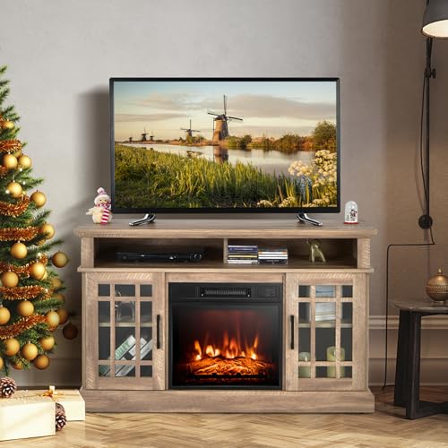 KOTEK Fireplace TV Stand for TVs up to 55", Media Entertainment Center Console Table with Fireplace Insert Heater, 18-Inch Electric Fireplace with Storage for Living Room, Bedroom (Natural)