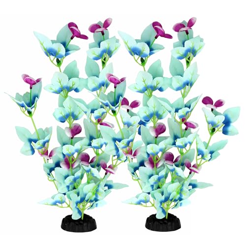 16 Inch Aquarium Fish Tank Plant Betta Fish Tank Decor,2 Pack Silk Aquarium Plants for Aquarium Decoration (White-Blue)