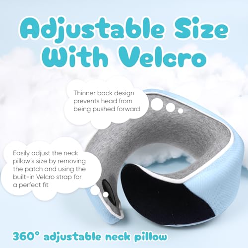 Image of Proglobe Junior Kids Travel Neck Pillow - Ergonomic Memory Foam Pillow for Airplane, Car, Booster Seat - Soft, Washable, Compact Travel Pillow with Strap - Light Blue - Ages 4-13