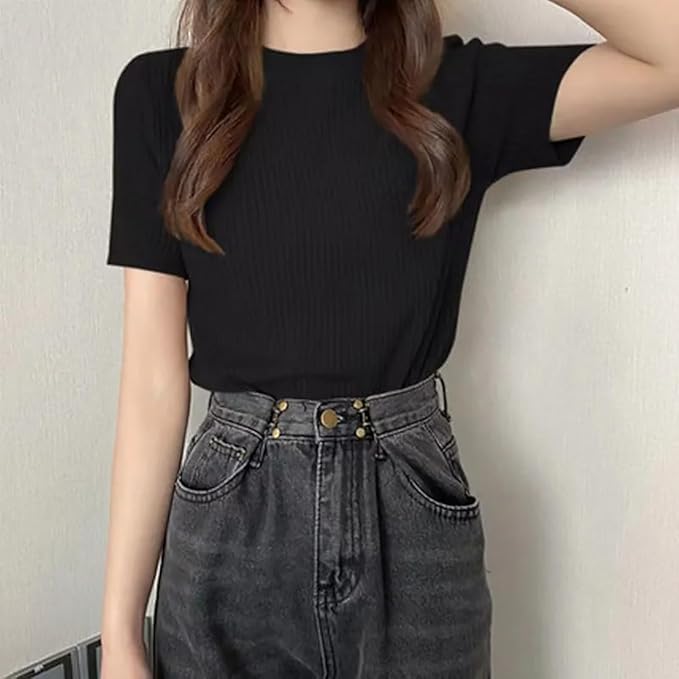 Image of Typical Fashion Women's Ribbed Knit Slim Fit Top - Short Sleeve, Round Neck, Stretchable Stylish T-Shirt for Casual & Formal Wear