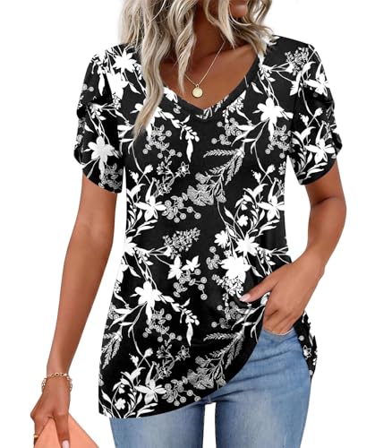 Image of CATHY 2026 Women Tops Summer Short Sleeve Tunic V Neck T-Shirts Loose Casual Floral Blouse S-4XL