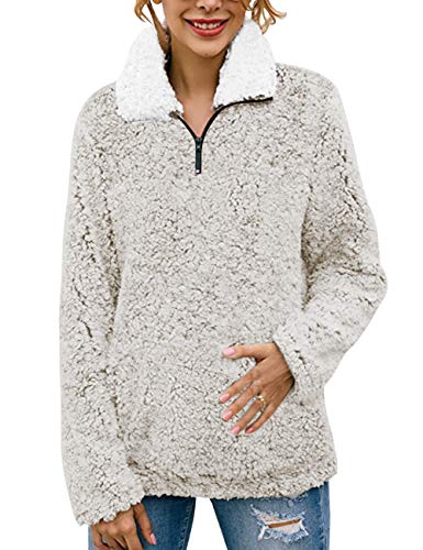 MIROL Women's Long Sleeve 1/4 Zipper Pullover Sherpa Fleece Winter Oversized Outwear Sweatshirt Coat with Pockets (M, Beige)