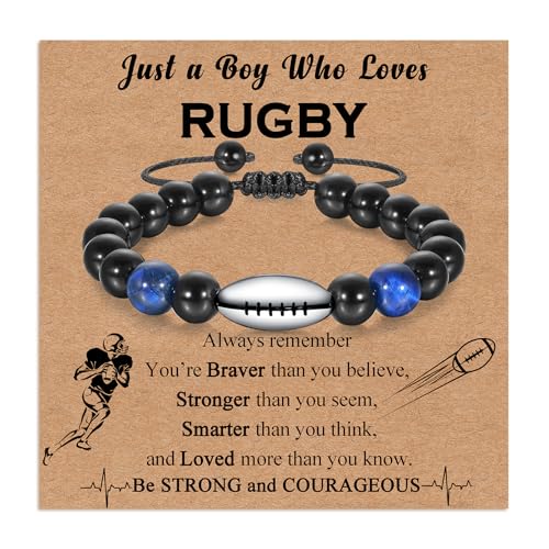 ankbrats Cadeaux d'anniversaire 10e, 13e, 16e pour garçons, bracelets de football et rugby en corde tressée avec oeil de tigre et obsidienne, bracelets rugby...