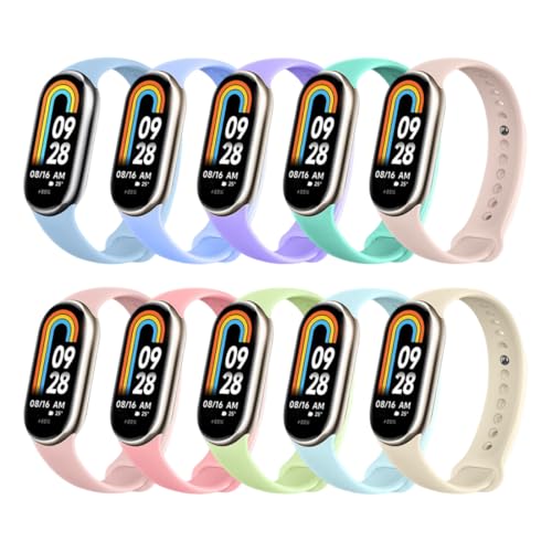 Juego de 10 correas de silicona suaves y transpirables para Xiaomi Mi Band 7/6/5. Longitud ajustable, liberación rápida, aptas para hombre y mujer, fabricadas en TPU y disponibles en varios colores.