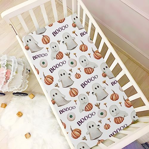 Image of Ghosts Pumpkins Halloween Crib Sheets Soft Breathable Fitted Baby Playard Sheets Mattress Cover for Girl Boys, 39 inch x 27 inch x 5 inch