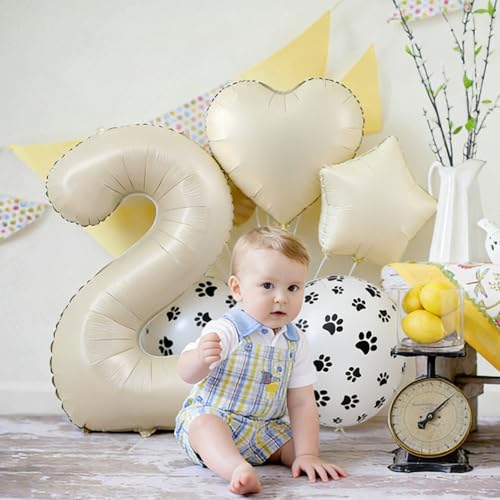 Image of 2nd Birthday Dog Paw Balloons Set,18'' Paw Prints, Heart,Star,Paw Shaped Foil Balloon 40''Cream Number 2 Helium balloons for Puppy Themed Baby Shower Second Birthday Party Decorations Supplies 6PCS