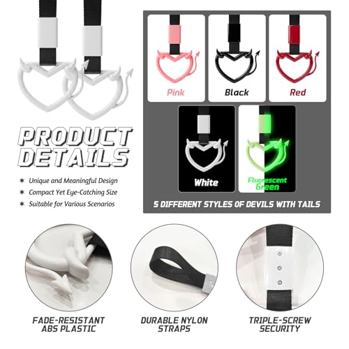 Image of 2 Pcs Devil Heart Shaped Car Handle Strap - JD M Drift Charm Rear Bumper Warning Ring Decor for Car Interior Exterior, Subway Bus Handle Accessory, Cute Heart Car Decor Gift (White-Tail)