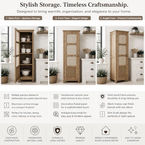 Image of The Attic Crestwood 1 Door Kitchen Cabinet, Multipurpose Cabinet for Bedroom Living Room Study bar, Solid Wood Bookshelf Kitchen Cabinet, Light Teak Matte Finish Cane