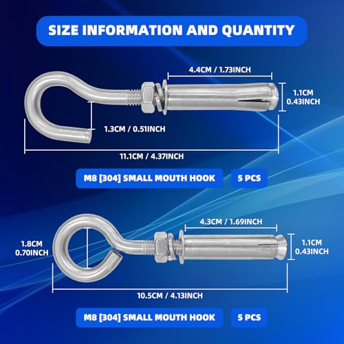 Image of 10Pcs M8x48mm Expansion Concrete Eyebolt Screw Wall Hooks, 304 Stainless Steel Eye Bolt Heavy Duty Bolts Anchors Fastener for Wall Ceiling Concrete Masonry Surface Hanging