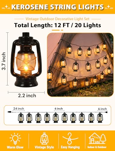Image of 12FT Black Mini Kerosene String Lights, 20 LED Vintage Lantern Fairy Lights, Connectable Outdoor Decorative Lights for Patio Bedroom Camping Wedding Garden Christmas Party Decor
