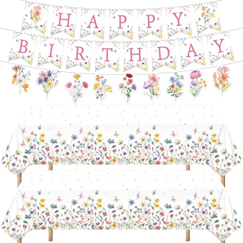 Wildflower Birthday Decorations Wildflower Happy Birthday Banner Garland Decor Spring Tablecloth Wildflowers Butterfly Plastic Table Cover for Floral Baby Shower Birthday Decorations