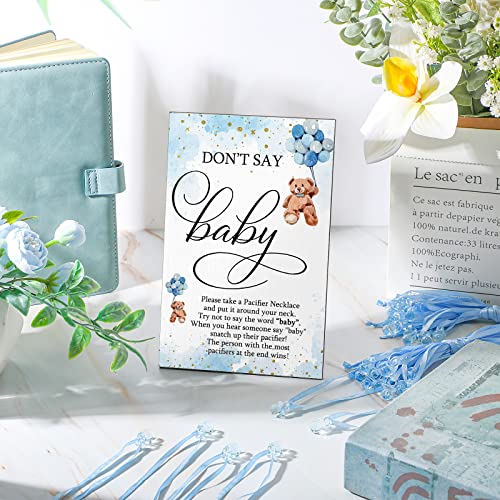 Image of Wesiti 51 Pcs Cool Baby Shower Game Wooden Sign Gift Sets 50 Baby Shower Pacifiers Necklace Acrylic Pacifier for Gender Reveal Party Favor(Bear,Blue)