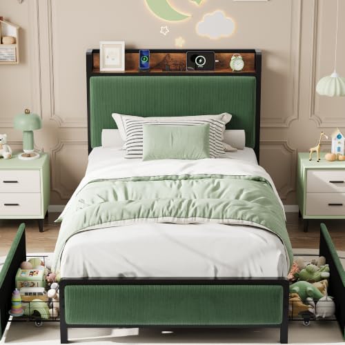 Image of GAOMON Twin Size Bed Frame with 2 Drawers and Charging Station, Green