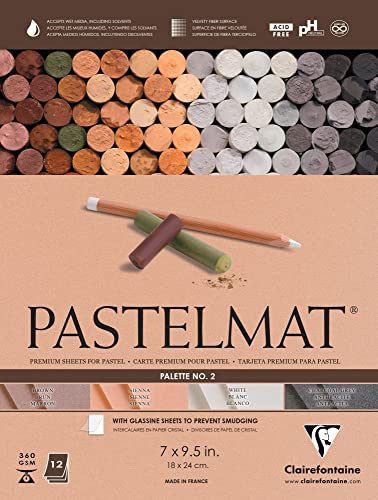 Clairefontaine Pastelmat Glued Pad - Palette No. 2 - (7 X 9 1/2 Inches) 18 X 24 Cm - 360G - 12 Sheets - Sienna, White, Brown, Charcoal Grey #TOP21