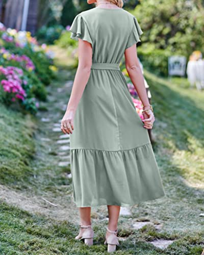Image of BTFBM Women Summer Bohemian Floral Casual Wrap V Neck Ruffle Cap Sleeveless Belt A-Line Pleated Hem Midi Sun Dress White