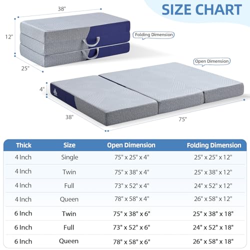 Image of Cooling Foldable Mattress, 4 Inch Memory Foam Mattress /Topper with Cold Breathable Effect, Trifold Mattress for Murphy Bed, Portable Folding Floor Bed for Guest, Camping, Travel, Yoga - Twin