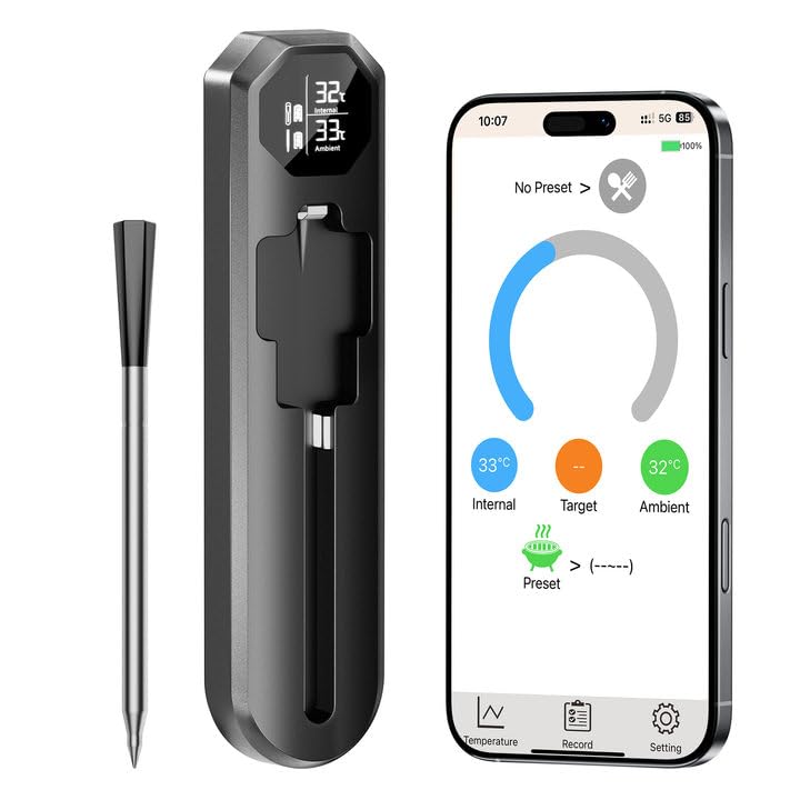 Product image of Digital Meat Thermometer Wireless Bluetooth with Smart App, 527°F Heat Resistant Probe, 100ft Remote Range,Camping Appliances, Kitchen Essentials for Oven BBQ Grilling and Smoking
