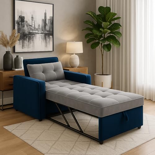 Image of SOCOZI Nestro 1 Seater Sofa Cum Bed for Bedroom | Soft Velvet Suede Fabric | Color Light Grey-Blue | Modern Design | Plush Comfort Cushions for Living Room
