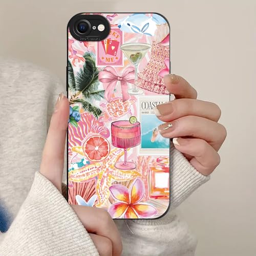 Aoldimu Collage Summer Phone Case for iPhone SE 2022/SE 2020/8/7 4.7',Cute Flower Bow Cases Aesthetic Preppy Ocean Beach Floral Cover for Women Girls,Black Shockproof Protective Funda for SE 2022/2020