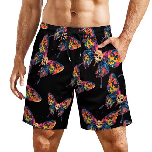 Butterfly Skull Mens Swim Trunks with Quick-Drying Lining Beach Shorts for Outdoor Sports