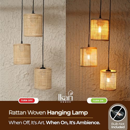 Image of Ikari Homes Rattan Chandelier 3 in1 Pendant Light, Natural Beige, Boho Style, E27 Base, Chandelier for Living Room I Dining I Bedroom I Balcony I Adjustable Wire - (Bulbs not Included) (SQ Mesh)