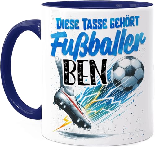 Tassenliebling® Fußball Tasse personalisiert - Kindertasse mit Namen für Junge Mädchen - Blau - Weihnachtstasse - Personalisierte Geschenke Kinder - Kinderbecher aus Keramik 330ml für Fußballer