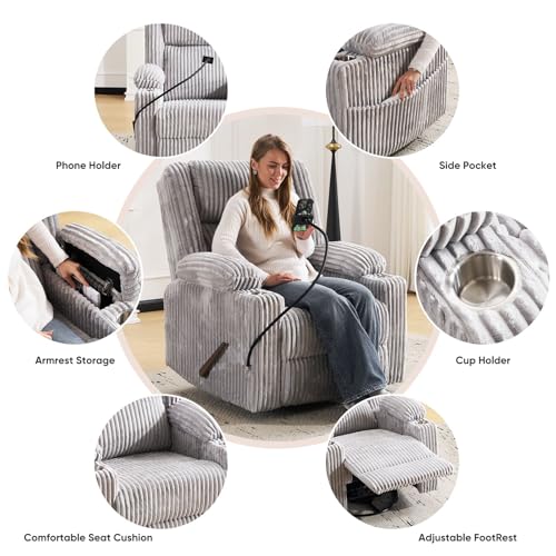 Image of Oversized Manual Recliner Chair with Arm Storage,Swivel Rocker Recliner Chair for Adults with Adjustable Headrest,Nursery Glider Recliner with Phone Stand and Side Pockets for Living Room,Light Grey