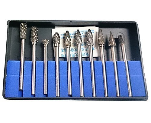 Wokesi Pack of 10,1/5''(5mm) Diameter,1/8''(3mm) Shank,Solid Tungsten Carbide,Rotary Burr Set,Taper Points Grinding Head Fit Dremel Engraving Bits Cutting Endmill Micrograin Buffing Burrs Tools