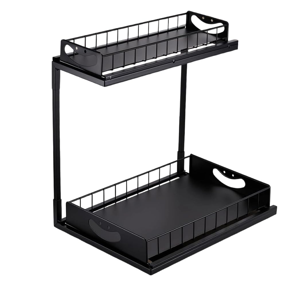 UDSKNV[KSL Metal Under Sink Storage Organizer, 2-Tier Sliding Basket Featuring Suction Cup Stability Design for Enhanced for Home Efficiency