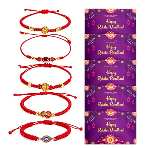 Rakhi for Brothers and Bhabhi 5 Pcs Red Rakhis Evil Eye Bracelets Gift with Greeting Card Gifts Set Pack Adjustable Woven Bracelet for Indian Raksha Bandhan Bhai Dooj Brother Sister Rakhi Thread