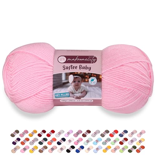 Image of Makromecity Softee Baby Yarn,%100 Premium Anti-Pilling Acrylic, 3.5 Oz, 273 yd (100gr /250 mt), Baby Pink Soft Yarn for Crocheting and Knitting (Baby Pink, 1 Skein)