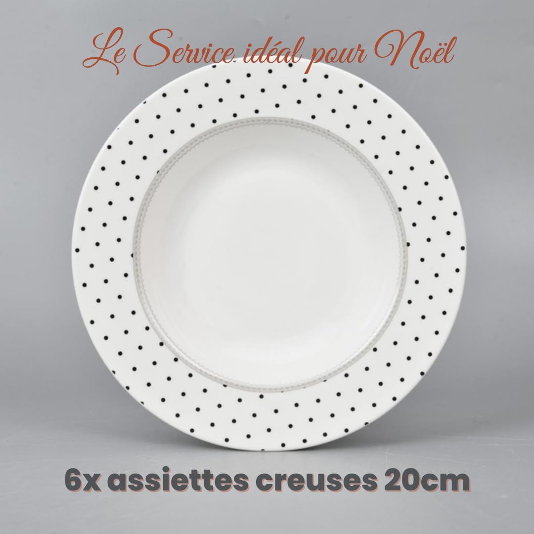 Service de table de Noël complet en porcelaine pour 6 personnes - 26 pièces : 6 grandes assiettes, 6 trous, 6 bols, 1 assiette de viande, 1 saladier
