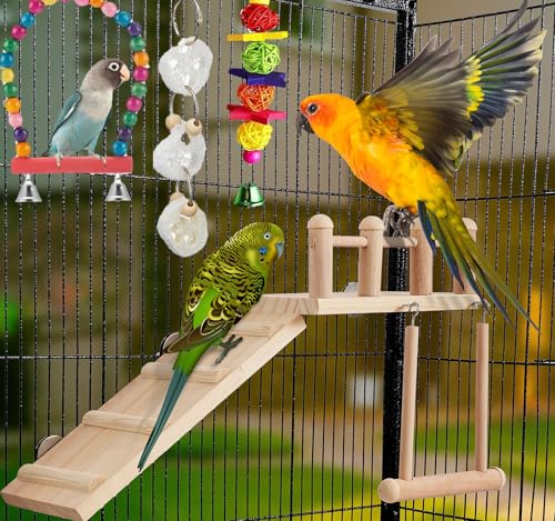 Image of FrgKbTm Wooden Parrot Bird Perch Platform with Climbing Ladder,Parrot Play Stand Bird Swing Bridge Chewing Toys for Parakeet Cockatiel Conure Lovebirds (Bird Swing Set 2)