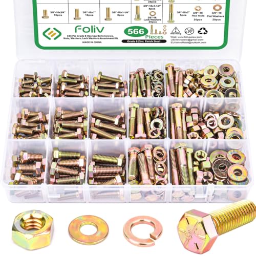 Foliv 566pcs Upgraded Grade 8 Bolt Assortment Kit, Including 1/4-20 5/16-18 3/8-16 Bolts Nuts Washers